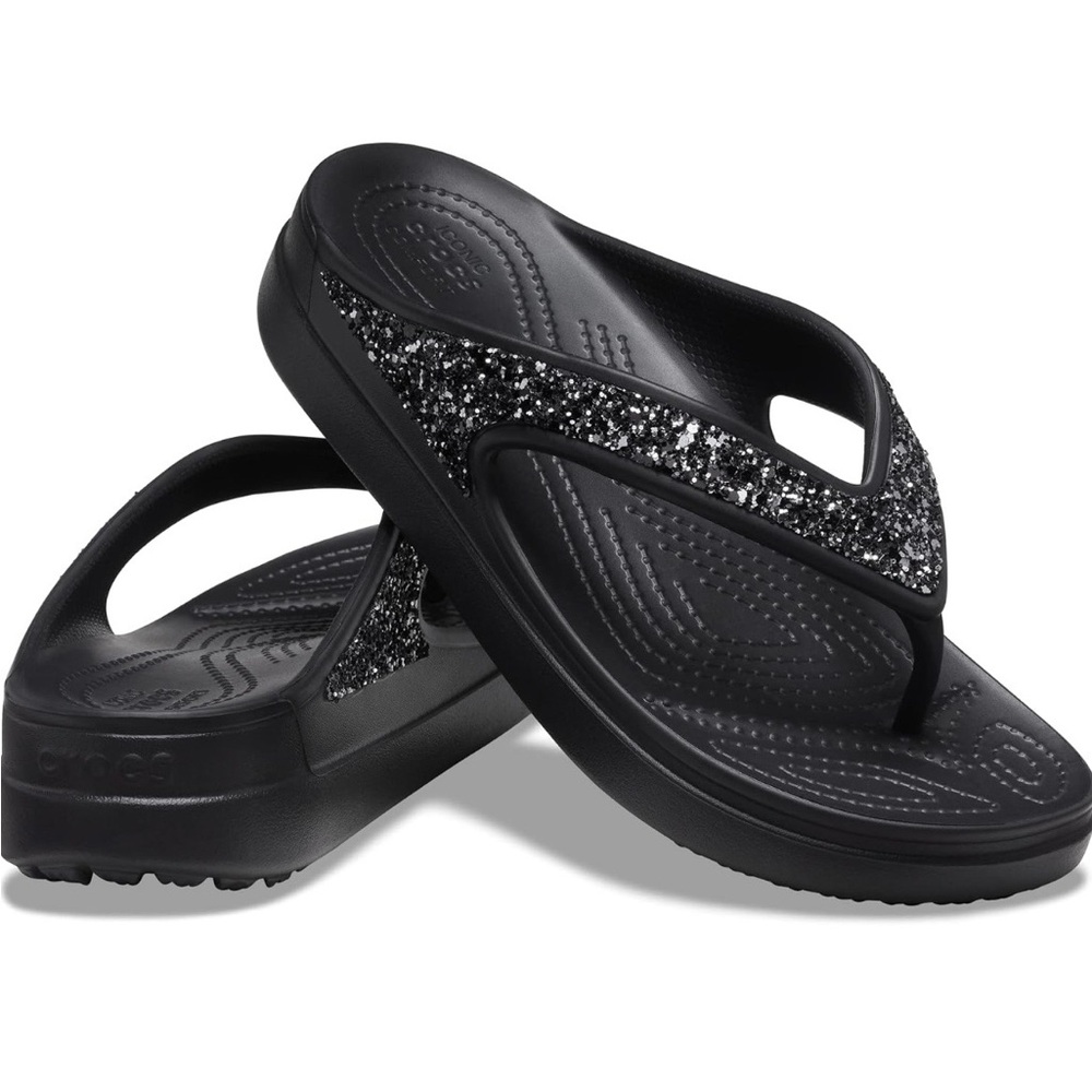 CROCS Women's Sloane Black Glitter Flip Flop Sandals size 8
